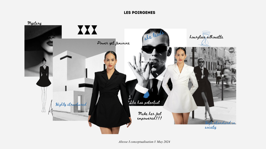 a collage of powerful models in black blazer dress and white blazer dress with long sleeves